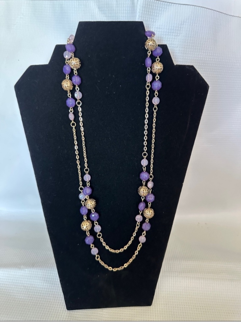 Long Double Strand Gold Chain Necklace with Purple Beads